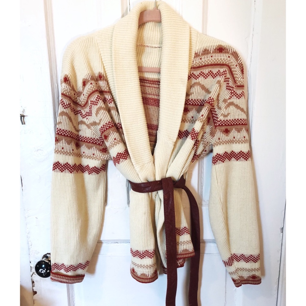 Vintage Knit Cardigan Sweater with Leather Belt